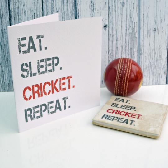 Eat Sleep Repeat Cricket Coaster and Card